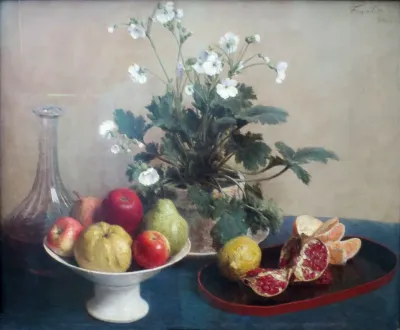 Flowers, dish with fruit and carafe