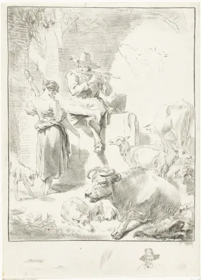 Fluitspelende herder en spinnende herderin