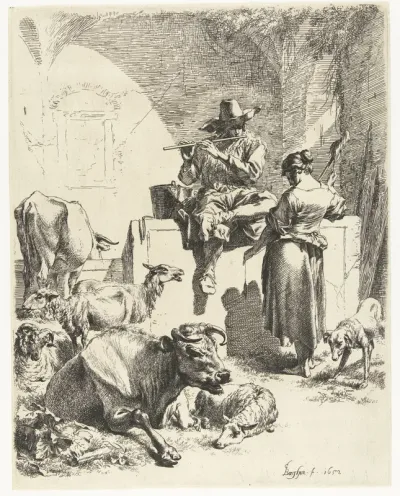 Fluitspelende herder en spinster