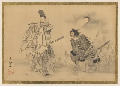 Fluitspeler Yasumasu en Kidômaru met zwaard