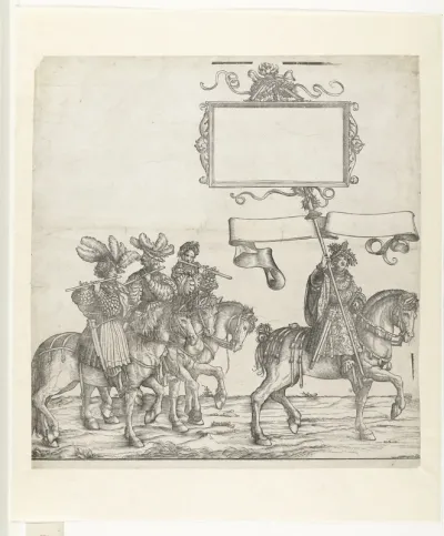 Fluitspelers en standaarddrager te paard