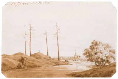 Flusslandschaft mit Hügelkreuz