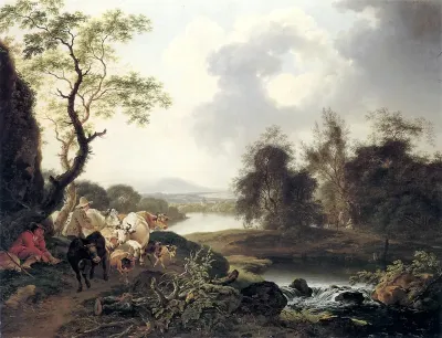 Flusslandschaft mit Wasserfall, rastendem Wanderer, Hirten mit Kühen und Ziege sowie drei Reisenden