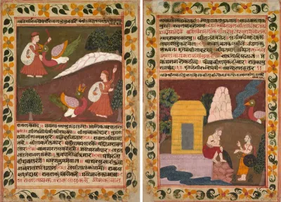 Folio 18 from a Chandana Malayagiri Varta (Story of King Chandana and Queen Malayagiri) of Karamachand: Ravana battles the great vulture Jatayu and defeats him by throwing stones in his mouth (recto); Jatayu approaches Rama and Lakshmana who are wond