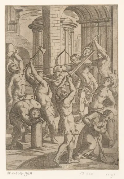 Foltering met zwaard, speer, boog en bijl
