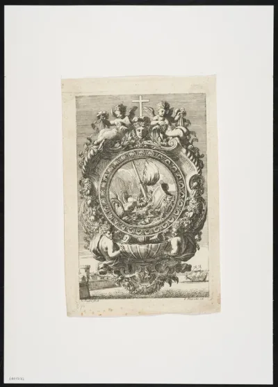 Font with a depiction of Jonas and the whale, putti, a mask, a cross and foliate scrolls