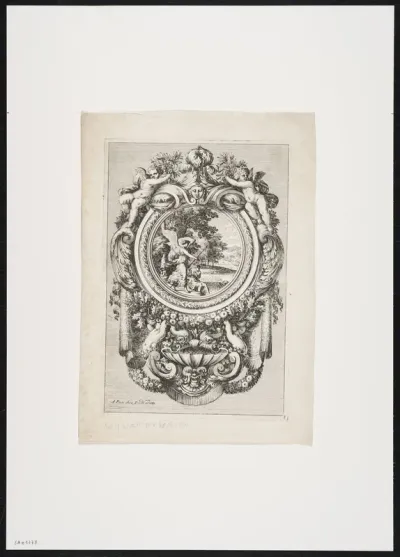 Font with religious scene, putti, masks and foliate scrolls