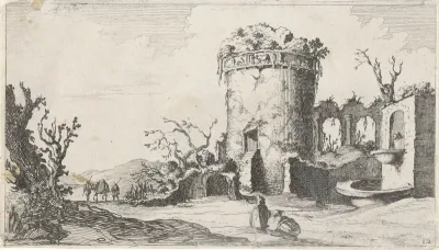 Fontein bij ruïne met een ronde toren