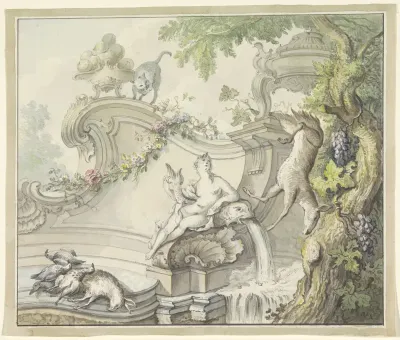 Fontein met vrouw en jachtbuit