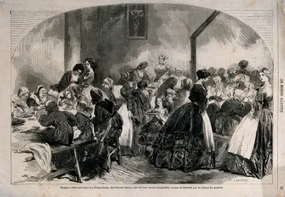 Food being served by charitable ladies to poor women in Paris