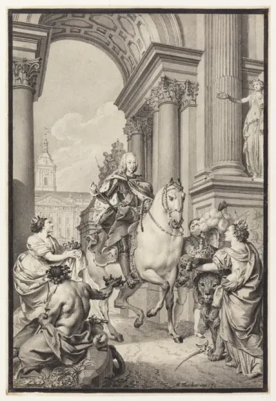 Forarbejde til maleriet: Danmark og Norge hylder Chr. VI (brændt med Christiansborg 1794)