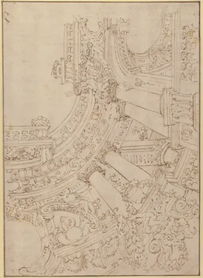 Foreshortened View of a Ceiling Corner Decorated with Columns, Urns and Putti Handing Garlands