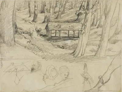 Forest Interior with Thatched Hut, and Other Sketches