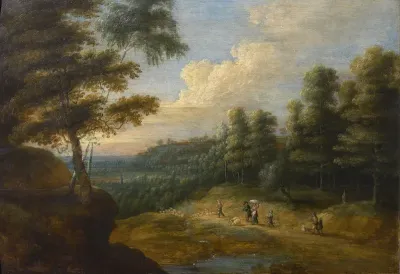 Forest landscape with shepherds