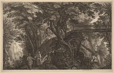 Forest Landscape with Two Men and a Woman Resting near a Bridge