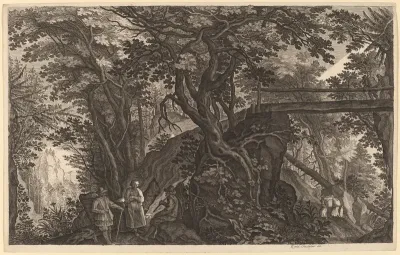 Forest Landscape with Two Men and a Woman Resting near a Bridge