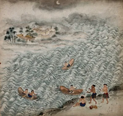 Formosan tribal peoples boating on a lake