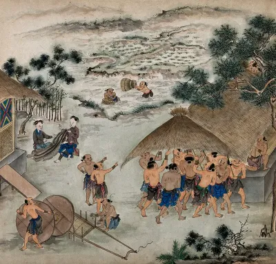 Formosan tribal peoples engaged in raising the thatched roof of a hut, mending fishing nets and tending lobster traps in a stream