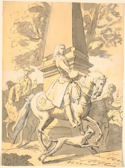 Fornem herre fulgt af tjenere rider forbi et monument
