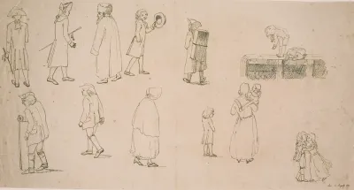 Forskellige figurer, bl.a. 2 grupper med legende børn samt "portrætmaler Hansen"
