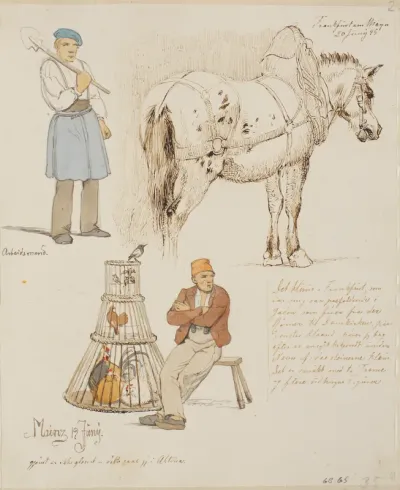 Forskellige studier. F.o.t.v. en mand med en spade, f.o.t.h. en hest med seletøj, f.n.t.v. en siddende mand med et flettet bur med fugle