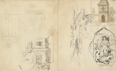Forskellige udkast, bl.a. en kvindefigur, symboliserende troen?, tronende på en drage, et landskab, bygninger m.m.