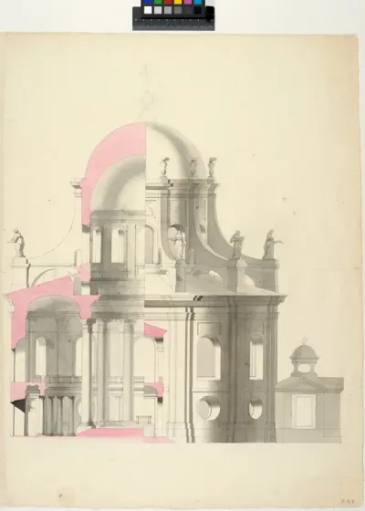 Förslag till kyrka för Hôtel des Invalides, Paris; sektion och elevation