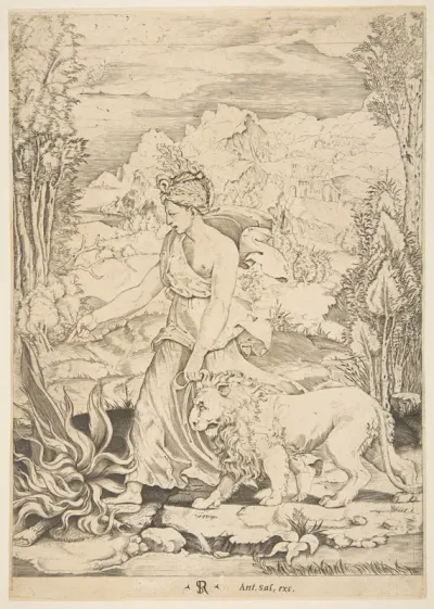 Fortitude in profile view walking toward a fire at left and leading a harnessed lion, a landscape in the background