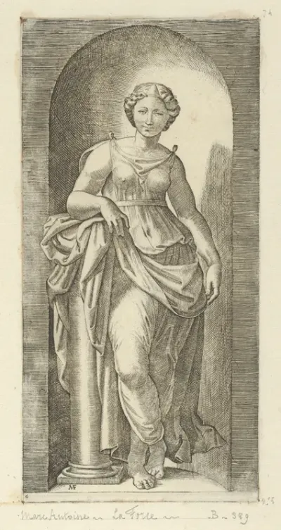 Fortitude or Strength personified by a woman standing in a nice resting her arm on a column, from "The Virtues"