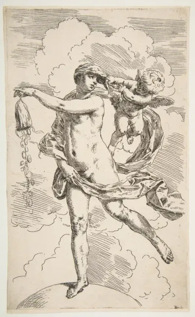 Fortune standing with one foot on a globe and emptying a purse of coins