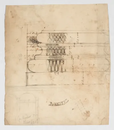 Forum of Augustus, hemicycle, Attic base, elevation and sculpted detail; Ionic capital, elevation; Palazzo Baldassini, cortile, elevation (recto) blank (verso)