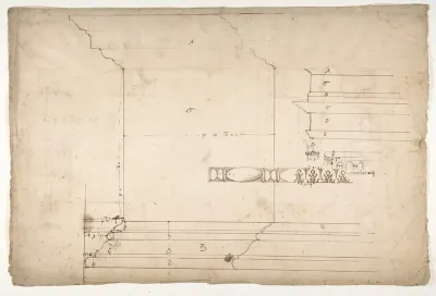 Forum of Nerva, colonnade, profiles of attic and entablature, architrave and column detail (recto) Arch of Constantine, plan (verso)