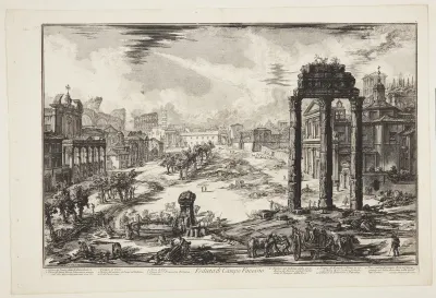 Forum Romanum, eller Campo Vaccino, Antoninus' og Faustina's tempel til venstre, templet for Castor og Pollux til højre og Colosseum i det fjerne