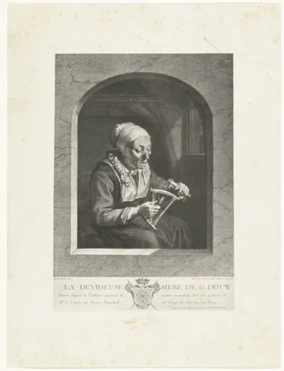 Fotomechanische reproductie van de prent La Dévideuse naar Gerard Dou door Wille