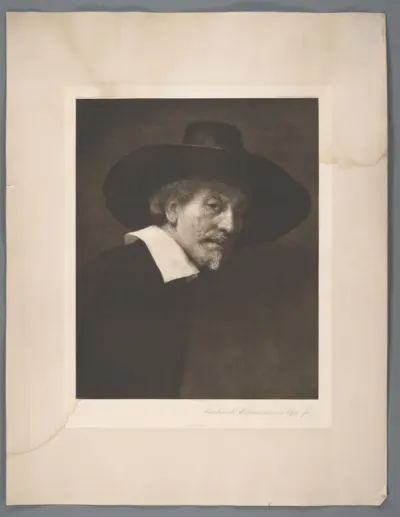 Fotoreproductie van een fragment van het schilderij De Staalmeesters door Rembrandt van Rijn