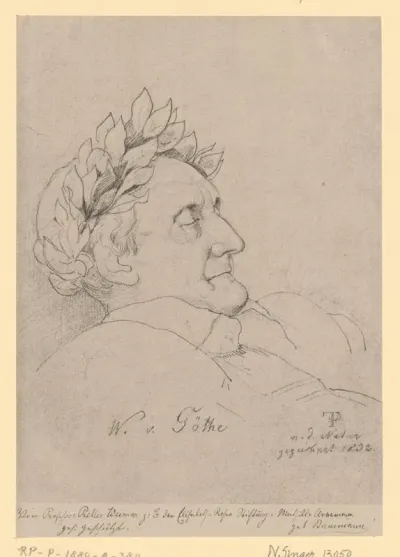 Fotoreproductie van een getekend overlijdensportret van Johann Wolfgang von Goethe, met een lauwerkrans om het hoofd
