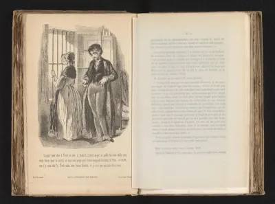 Fotoreproductie van een gravure door Caqué naar een tekening van Gavarni van een man en vrouw bij een venster