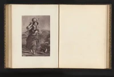 Fotoreproductie van een gravure naar een schilderij van een moeder met een kind op haar schouders