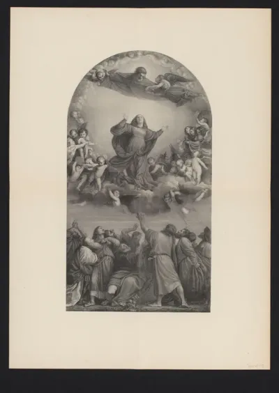 Fotoreproductie van een gravure naar een schilderij, voorstellende de tenhemelopneming van Maria