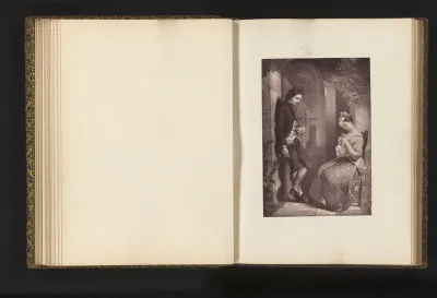 Fotoreproductie van een gravure naar het schilderij A labour of love door Frank Bernard Dicksee
