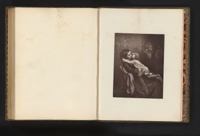 Fotoreproductie van een gravure naar het schilderij Bed time door William Powell Frith