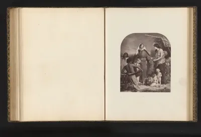 Fotoreproductie van een gravure naar het schilderij The almsdeed of Dorcas door William Charles Thomas Dobson