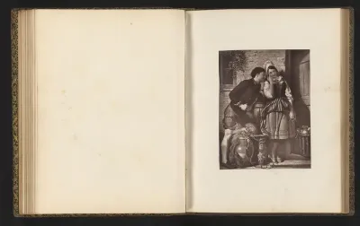 Fotoreproductie van een gravure naar het schilderij The first appeal door Frank Stone