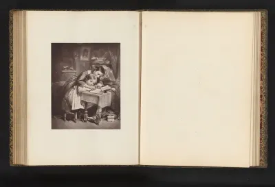 Fotoreproductie van een gravure naar het schilderij The writing lesson door François-Louis Lanfant de Metz