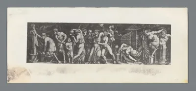Fotoreproductie van een prent met satyrs en bacchanten