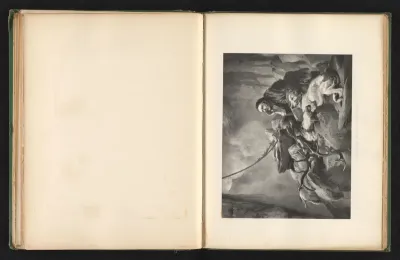 Fotoreproductie van een prent naar een schilderij van een man met dieren in een ravijn door Edwin Landseer