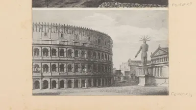 Fotoreproductie van een prent, voorstellende een gezicht op het Colosseum te Rome