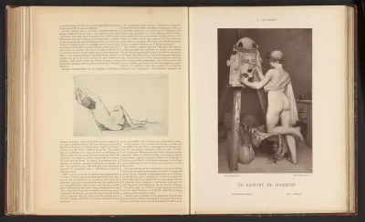 Fotoreproductie van een schilderij door Jules Joseph Lefebvre, voorstellend een jongen die een masker schildert