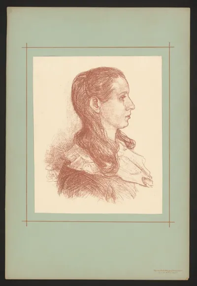 Fotoreproductie van een tekening, portret van een jonge vrouw