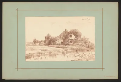 Fotoreproductie van een tekening van een boerderij in een landschap nabij Schalkwijk door Frits Grabijn